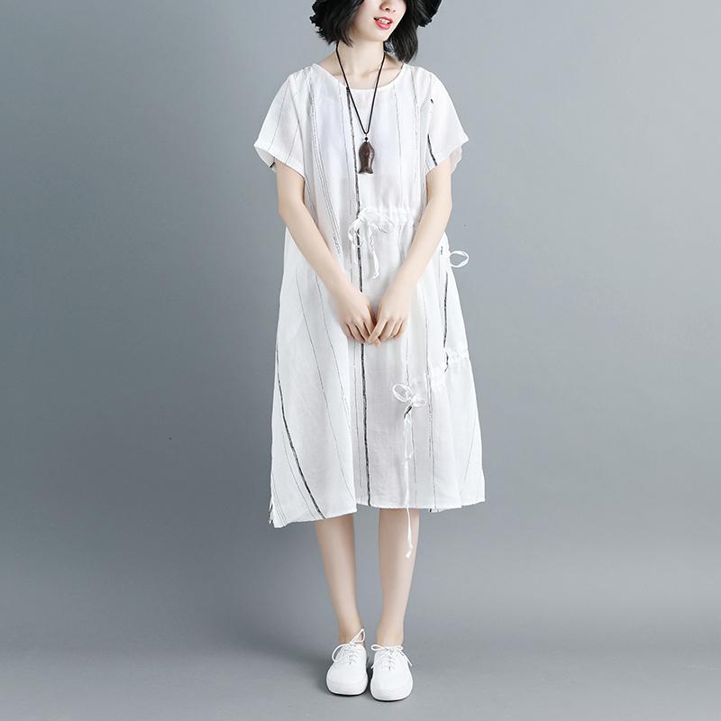 Women Short Sleeve Stripe White Drawstring Dress