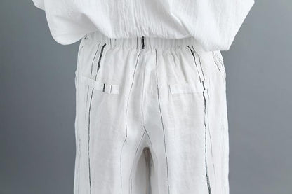 Women Linen Stripe Beige Wide Leg Pants
