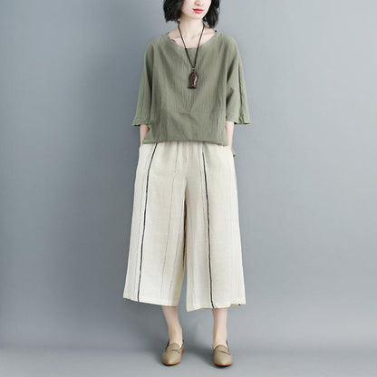Women Linen Stripe Beige Wide Leg Pants