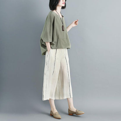 Women Linen Stripe Beige Wide Leg Pants