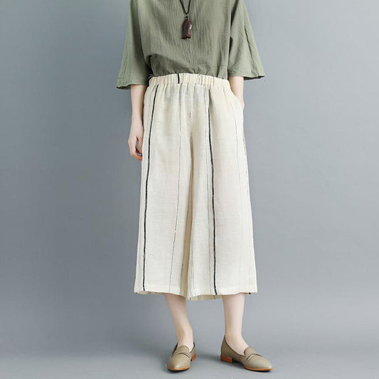 Women Linen Stripe Beige Wide Leg Pants