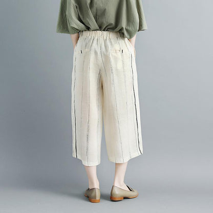 Women Linen Stripe Beige Wide Leg Pants