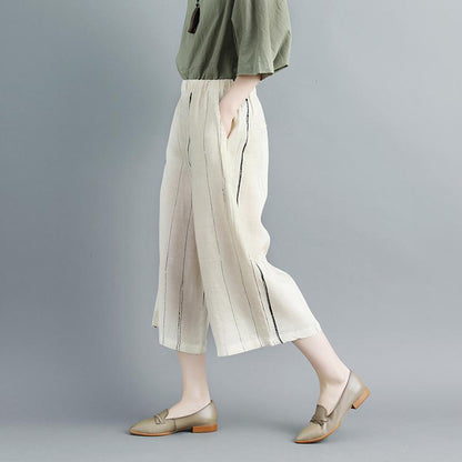 Women Linen Stripe Beige Wide Leg Pants