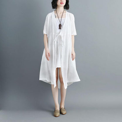 Women Short Sleeve White V Neck Lacing Cardigan