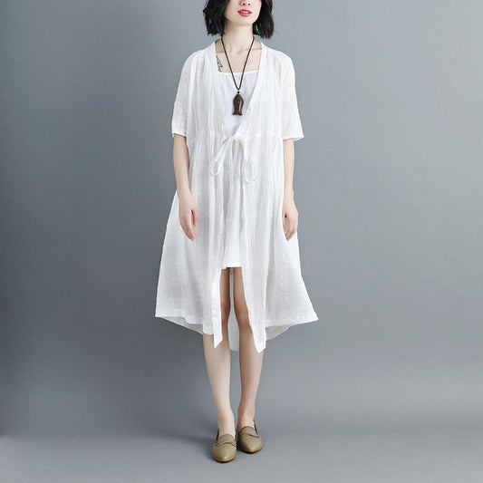 Women Short Sleeve White V Neck Lacing Cardigan