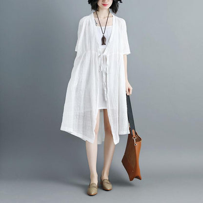 Women Short Sleeve White V Neck Lacing Cardigan