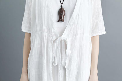 Women Short Sleeve White V Neck Lacing Cardigan