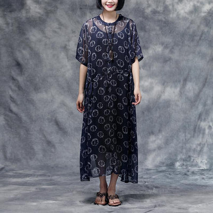 Summer Floral Short Sleeve Blue Casual Two-piece Dress
