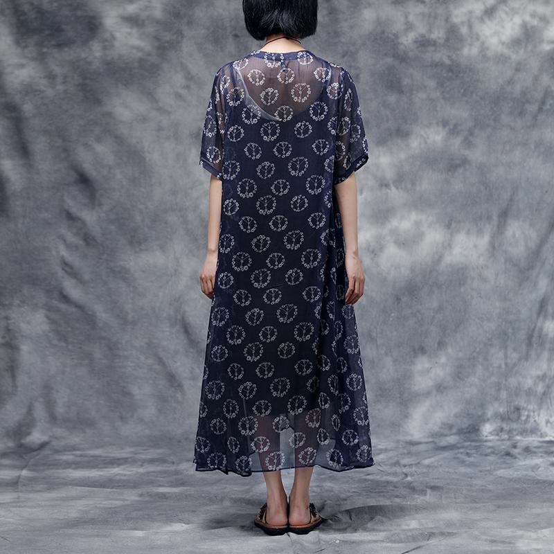 Summer Floral Short Sleeve Blue Casual Two-piece Dress