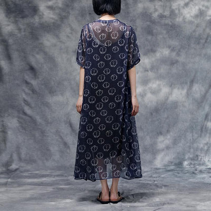 Summer Floral Short Sleeve Blue Casual Two-piece Dress