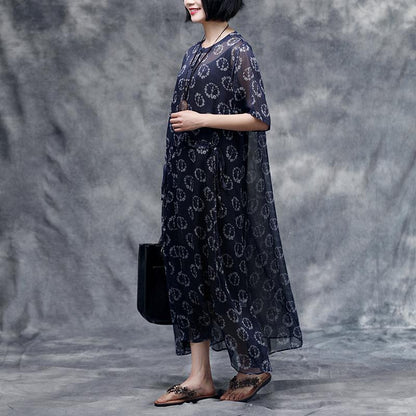 Summer Floral Short Sleeve Blue Casual Two-piece Dress