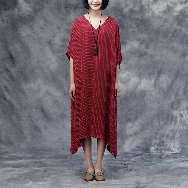 Summer Short Sleeve Stripe Casual Red Long Dress