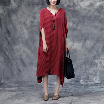 Summer Short Sleeve Stripe Casual Red Long Dress