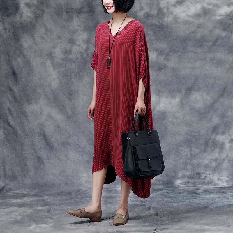 Summer Short Sleeve Stripe Casual Red Long Dress