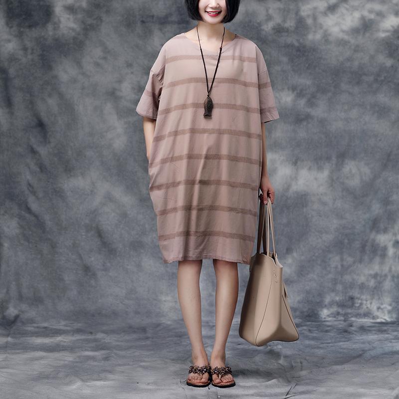 Summer Short Sleeve Pockets Casual Stripe Cotton Dress
