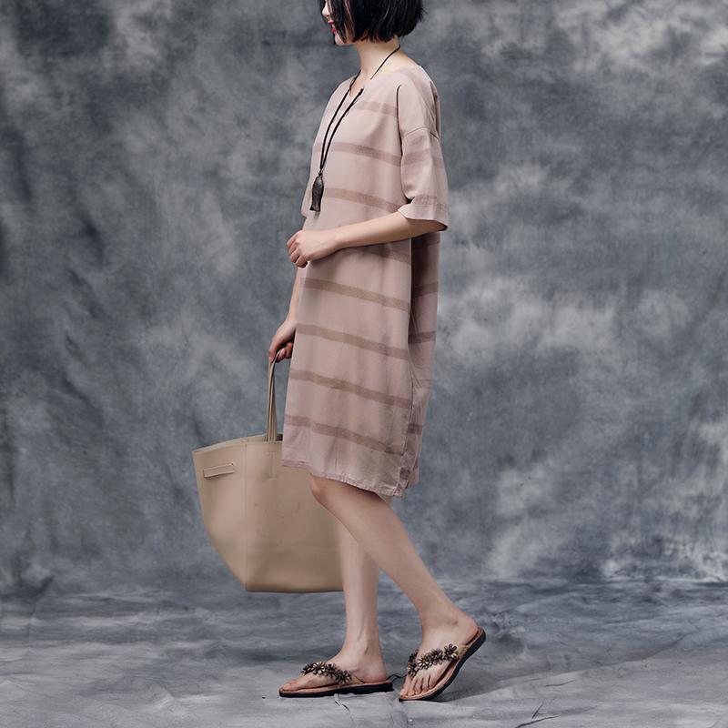Summer Short Sleeve Pockets Casual Stripe Cotton Dress