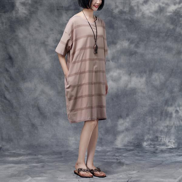 Summer Short Sleeve Pockets Casual Stripe Cotton Green Dress