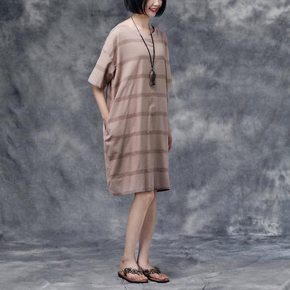 Summer Short Sleeve Pockets Casual Stripe Cotton Green Dress