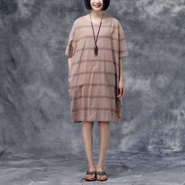 Summer Short Sleeve Pockets Casual Stripe Cotton Green Dress