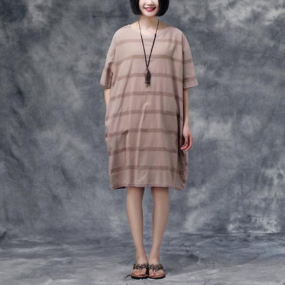 Summer Short Sleeve Pockets Casual Stripe Cotton Green Dress