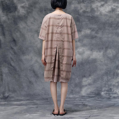 Summer Short Sleeve Pockets Casual Stripe Cotton Dress