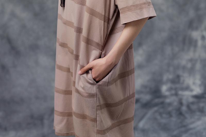 Summer Short Sleeve Pockets Casual Stripe Cotton Green Dress