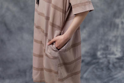 Summer Short Sleeve Pockets Casual Stripe Cotton Green Dress
