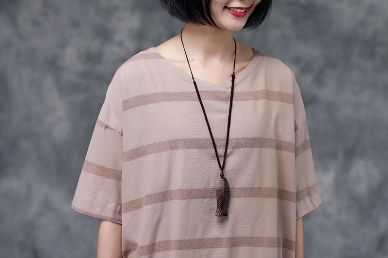 Summer Short Sleeve Pockets Casual Stripe Cotton Green Dress