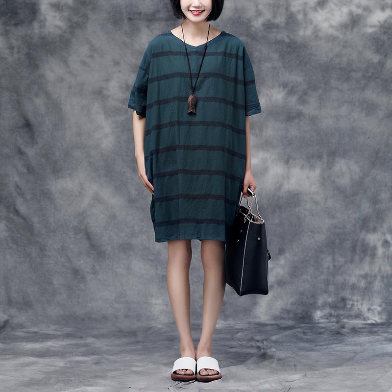 Summer Short Sleeve Pockets Casual Stripe Cotton Green Dress