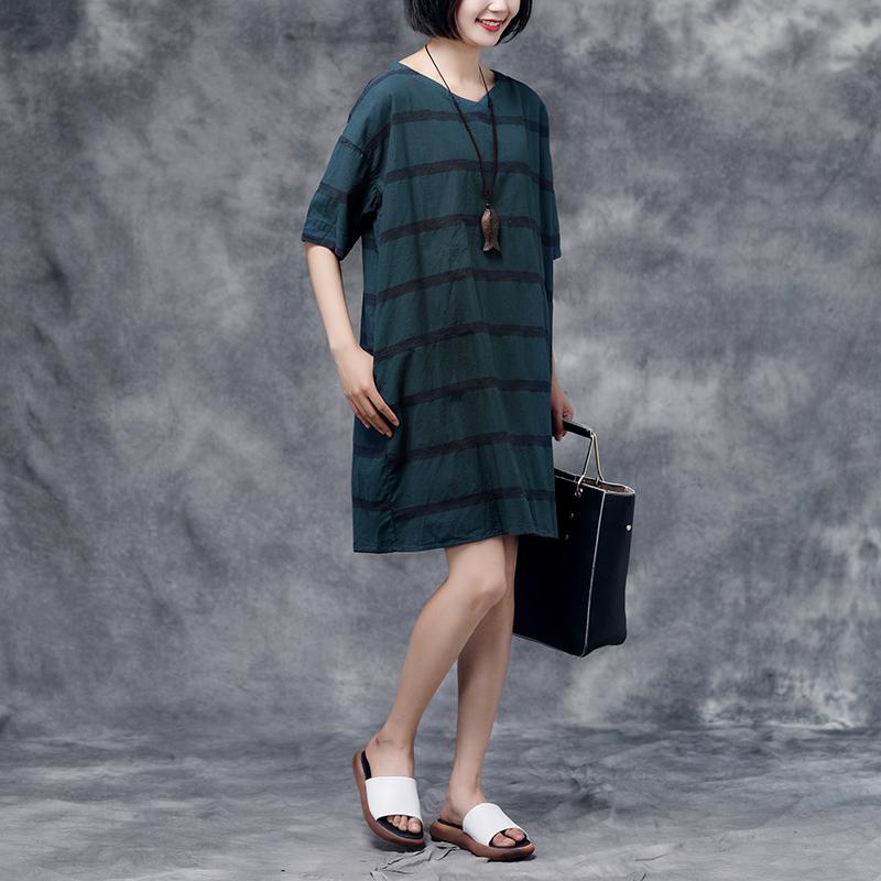 Summer Short Sleeve Pockets Casual Stripe Cotton Green Dress