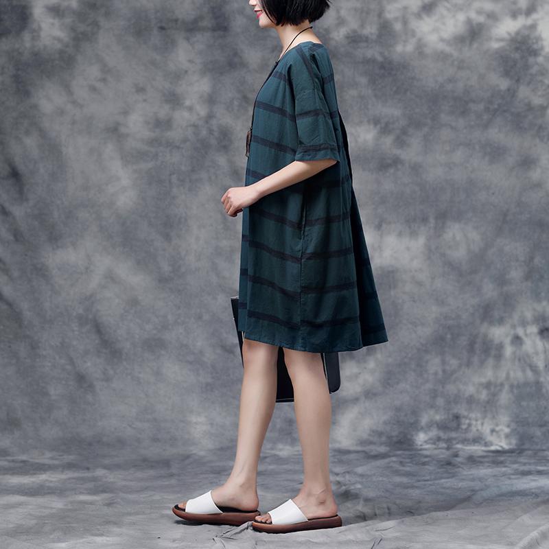 Summer Short Sleeve Pockets Casual Stripe Cotton Green Dress