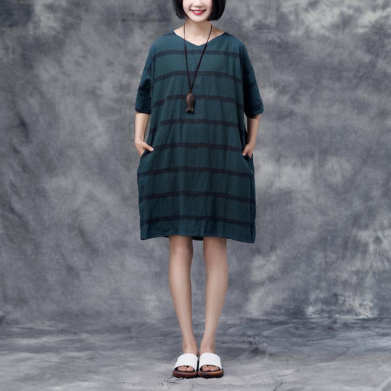 Summer Short Sleeve Pockets Casual Stripe Cotton Green Dress