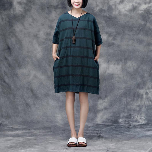 Summer Short Sleeve Pockets Casual Stripe Cotton Green Dress