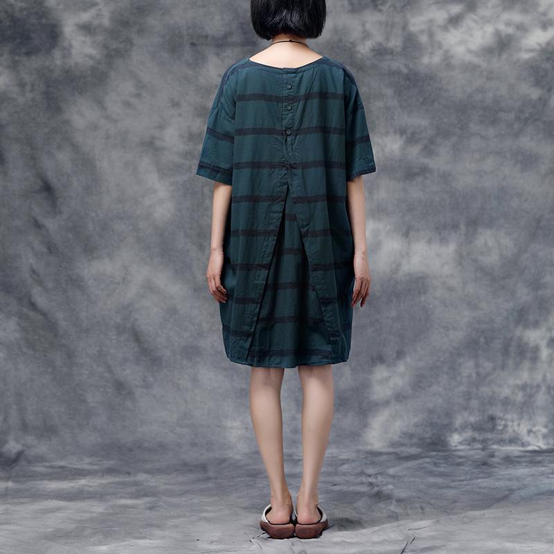 Summer Short Sleeve Pockets Casual Stripe Cotton Green Dress