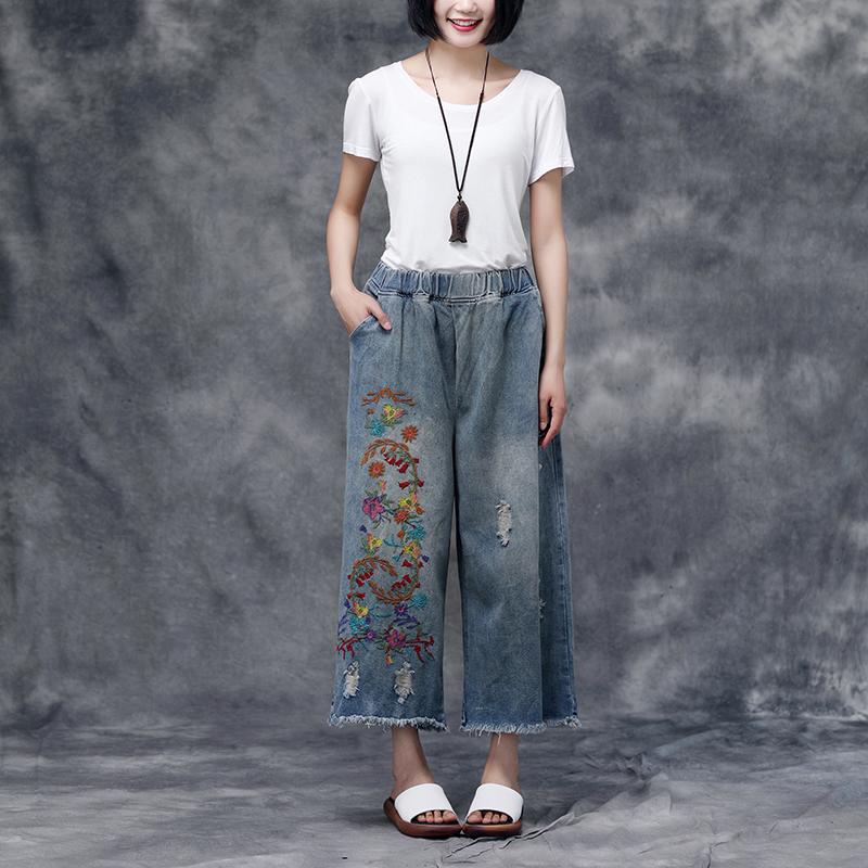 Women Summer Casual Pockets Embroidered Pants