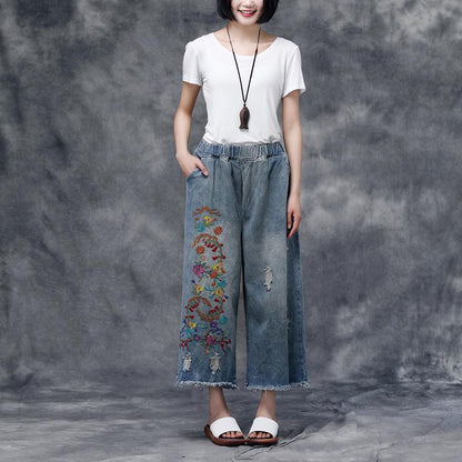 Women Summer Casual Pockets Embroidered Pants