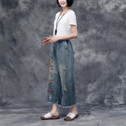 Women Summer Casual Pockets Embroidered Pants