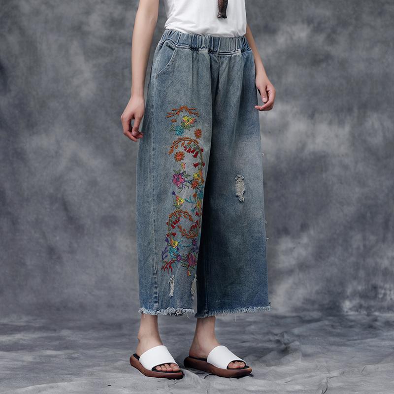 Women Summer Casual Pockets Embroidered Pants