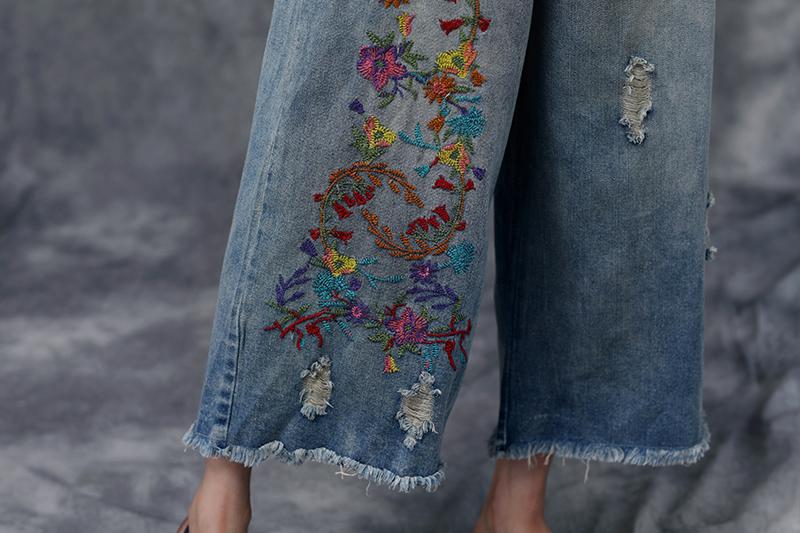 Women Summer Casual Pockets Embroidered Pants