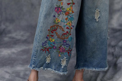 Women Summer Casual Pockets Embroidered Pants