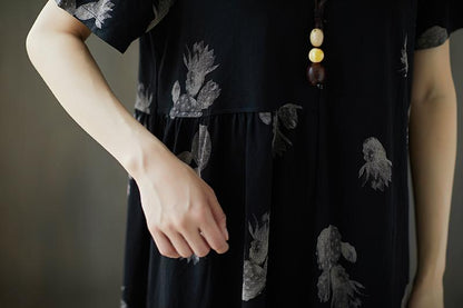 Summer Short Sleeve Red Flower Black Casual  V Neck Dress