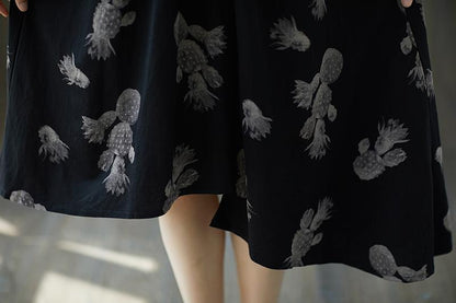 Summer Short Sleeve Red Flower Black Casual  V Neck Dress