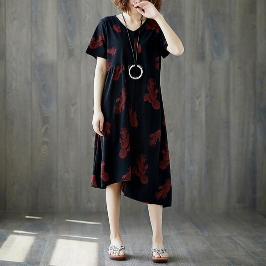 Summer Short Sleeve Red Flower Black Casual  V Neck Dress