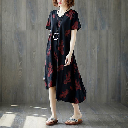 Summer Short Sleeve Red Flower Black Casual  V Neck Dress
