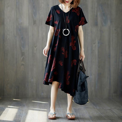 Summer Short Sleeve Red Flower Black Casual  V Neck Dress