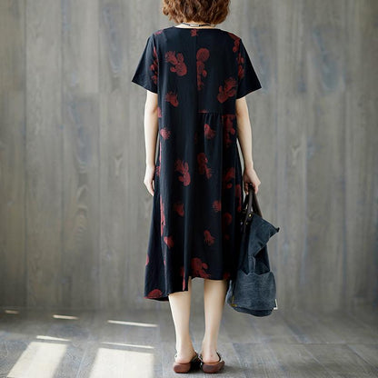 Summer Short Sleeve Red Flower Black Casual  V Neck Dress