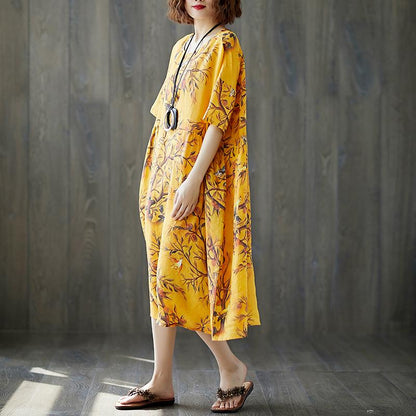 Loose Women Short Sleeve Printed Ramie Dress