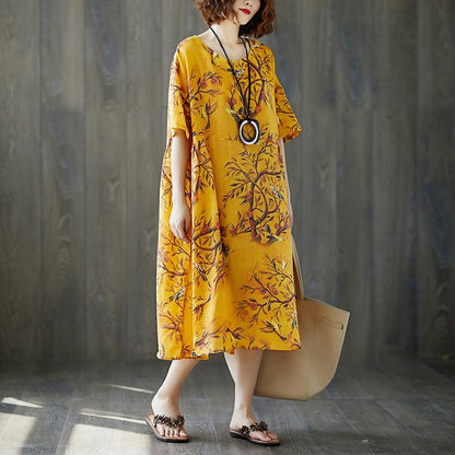 Loose Women Short Sleeve Printed Ramie Dress
