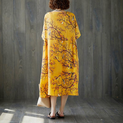 Loose Women Short Sleeve Printed Ramie Dress
