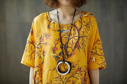 Loose Women Short Sleeve Printed Ramie Dress